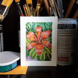 Original Red Tiger Lily Flower Still Life Watercolor Painting, Floral Botanical Illustration, Orange Flower Garden Art