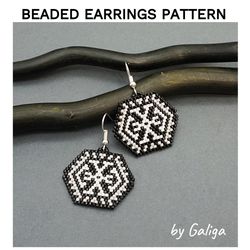 Small Hexagon Beaded Earrings Pattern Brick Stitch Geometric Black and White Seed Bead Earring Beading Design Beadwork