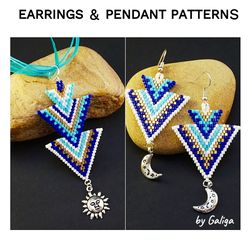 Blue and Gold Beaded Earrings and Pendant Set of Patterns Seed Bead Jewelry Making Diy Tribal Style Necklace Pattern