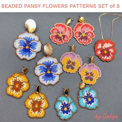 Beaded Pansy Flowers Patterns SET of 5 Pansies Earrings Seed Bead Necklace DIY Pendant Delica Brooch Hair Accessory