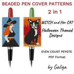 Witch Cat Pen Cover Patterns Halloween Beaded Pen Wrap Seed Bead Pen Sleeve Witchy Spooky Beading Peyote DIY Design