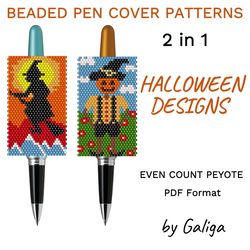 Halloween Witch on a Broom Pen Cover Patterns Beaded Pen Wrap Seed Bead Pen Sleeve Scarecrow Beading Peyote DIY Design