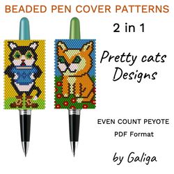 Cute Kitten Pen Cover Patterns Lovely Cat Beaded Pen Wrap Seed Bead Pretty Cats Pen Sleeve Beading Peyote DIY Design