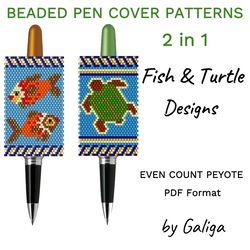 Fish Pen Cover Patterns Turtle Beaded Pen Wrap Seed Bead Pen Sleeve Beading Peyote DIY Animal Lover Design