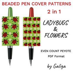 Ladybug and Flowers Peyote Pen Cover Patterns For Beading Summer Nature Inspired Floral Design Beaded Pen Wrap Seed Bead