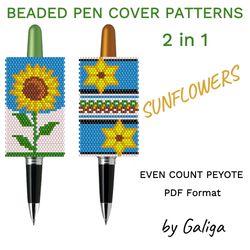 Sunflowers Pen Cover Patterns For Beading Yellow Blue Flowers Beaded Pen Wrap Floral Seed Bead Ornament DIY