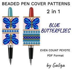 Blue and Gold Butterfly Pen Cover Patterns Beaded Pen Wrap Butterflies Nature Lover Gift DIY Seed Bead Beadwork Design