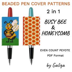 Honeycomb and Busy Bee Pen Cover Patterns For Beading DIY How To Make Beaded Pen Wrap Cute Summer Beadwork Seed Bead