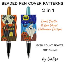 Halloween Peyote Pen Cover Patterns For Beading Dark Castle Pen Wrap Bead Pen Design Bat Pumpkin Ghost Boo Ornaments