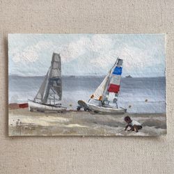 Original Tiny Still Life Landscape Ships Gouache Painting, Seascape Nature Wall Art, Small Yachts SailBoats Miniature