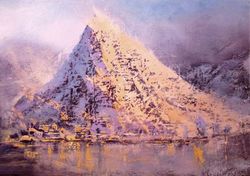 Norway Painting "LOFOTEN SNOW" Original Oil Painting on Canvas, Nordic Fjord Mountain Art by "Walperion Paintings"