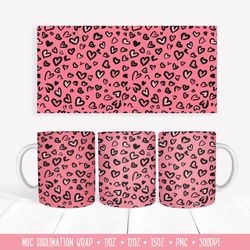 Hearts Leopard Mug Sublimation Design. Pink Mug  Wrap