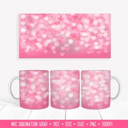 Pink Hearts Mug Sublimation Design. Valentines Day Mug Wrap