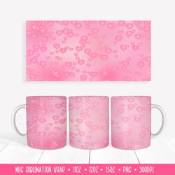 3d Hearts Mug Sublimation Wrap. Pink Valentines Day Mug