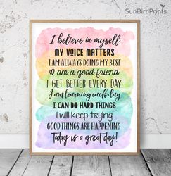 I Believe In Myself, Rainbow Classroom Printable Art, School Counselor Office Decor, Affirmation Quotes, Growth Mindset