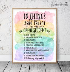 10 Things For Student, Rainbow Classroom Printable Art, School Counselor Office Decor, Affirmation Quote, Growth Mindset