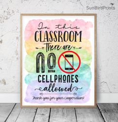 No Cell Phones In The Classroom, Rainbow Printable Art, Classroom Rules Poster, Teacher Office Sign, No Cell Phones Sign