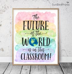 The Future Of The World In This Classroom, Rainbow Printable Art, Welcome School Quotes, Classroom Bulletin Board Poster