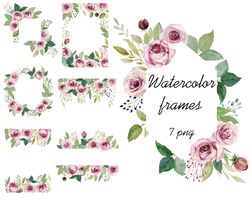 Watercolor roses frame, floral border clipart, png.