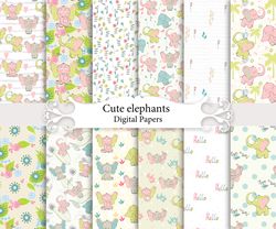Cute elephant, seamless patterns.