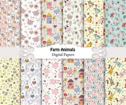 Cute farm animals, seamless patterns.