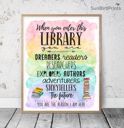 When You Enter This Library, Rainbow Printable Wall Art, Library Room Quotes, School Library Poster, Library Study Rooms