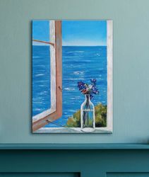 Seaside Painting Window Original Art Flower Bouquet Painting Seascape Art Oil On Canvas Small Painting 14 by 10