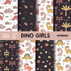 Dinosaur Seamless Patterns, Dino Girl Digital Paper
