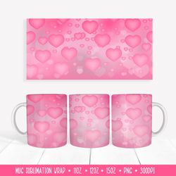 Pink Hearts Mug Sublimation Design. Love Mug Wrap