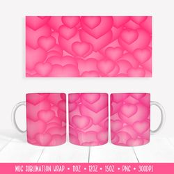 3d Hearts Mug Sublimation Design. Pink Mug Wrap