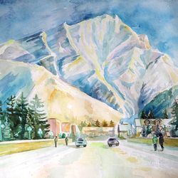 Large snowy mountains. Winter landscape with a road, houses, beautiful green fir trees on sunny day. watercolor 9x12inch