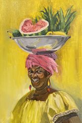 Black woman with fruits on her head Oil painting
