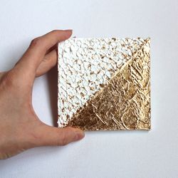 Gold Leaf Painting Original Abstract Acrylic Art Impasto Mini Artwork White Gold Small Textured Painting 4 by 4