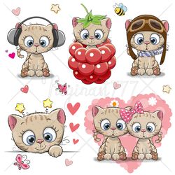 Cute Cartoon Kitten PNG, clipart set, Sublimation Design