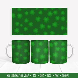 St. Patricks Day Mug Sublimation Wrap. Green Clover Leaves