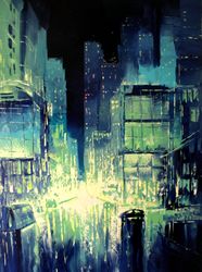 Cyberpunk Painting "MALACHITE NIGHT" Original Oil Painting on Canvas, Modern City Original Art by "Walperion Paintings"