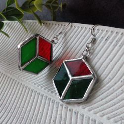Cube earrrings, hexagon earrings, geometric earrrings, simple stained glass, green stained glass, honeycomb