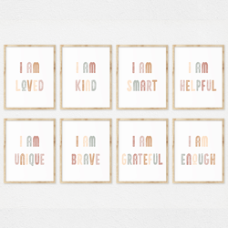 Set Of 8 Prints I Am Loved I Am Kind, Inspirational Quotes Printable, Motivational Wall Art, Rainbow Classroom Posters