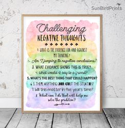 Challenging Negative Thoughts, Classroom Printable Poster, School Counselor Office, Therapist Door Sign, Psychologist
