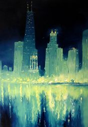 Chicago Painting ORIGINAL OIL PAINTING on Canvas, HAND PAINTED Cyberpunk Chicago Skyline Original Art by "Walperion"