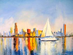 Chicago Painting ORIGINAL OIL PAINTING on Canvas, HAND PAINTED Lake Michigan Chicago Skyline Original Art by "Walperion"