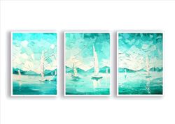 Set of 3 Sailboat Paintings ORIGINAL OIL PAINTINGS on Canvas Seascape Triptych Original Impasto Painting by "Walperion"