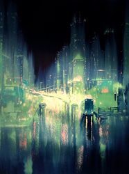 Cyberpunk Painting "MALACHITE CITY" Original Oil Painting on Canvas, Modern City Original Art by "Walperion Paintings"