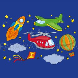 FLY Air Space Travel Cartoon Transport Vector Illustration Set