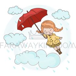 FLYING GIRL Autumn Fall Umbrella Season Vector Illustration Set