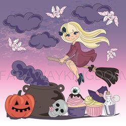 FLYING WITCH Halloween Holiday Cartoon Vector Illustration