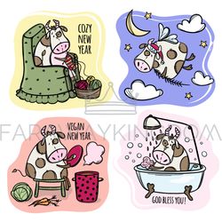 FOUR COWS Characters Christmas Bull Vector Illustration Set