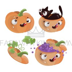 FUN PUMPKINS Happy Halloween Cartoon Vector Illustration Set
