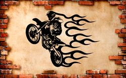 Motorcycle Sticker, Fiery Motorcycle, Flame, Motocross, Motorcycle Racing, Wall Sticker Vinyl Decal Mural Art Decor