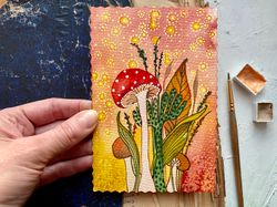 Fly agaric painting Original art Mushroom watercolor card Mini artwork Rubinova